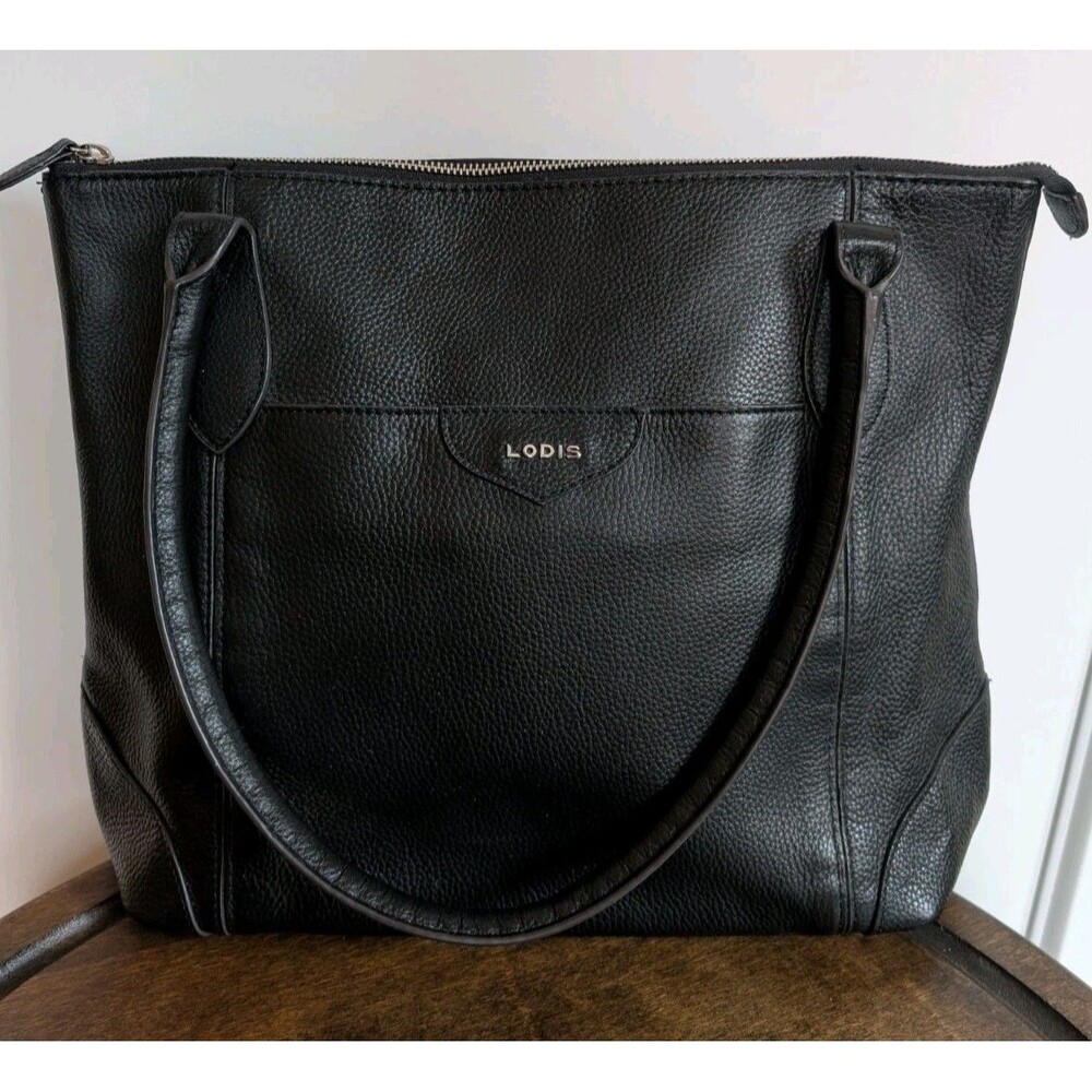 Lodis Pebbled Leather Tote Bag Zip Top Travel Luggage Shoulder Purse Black Work